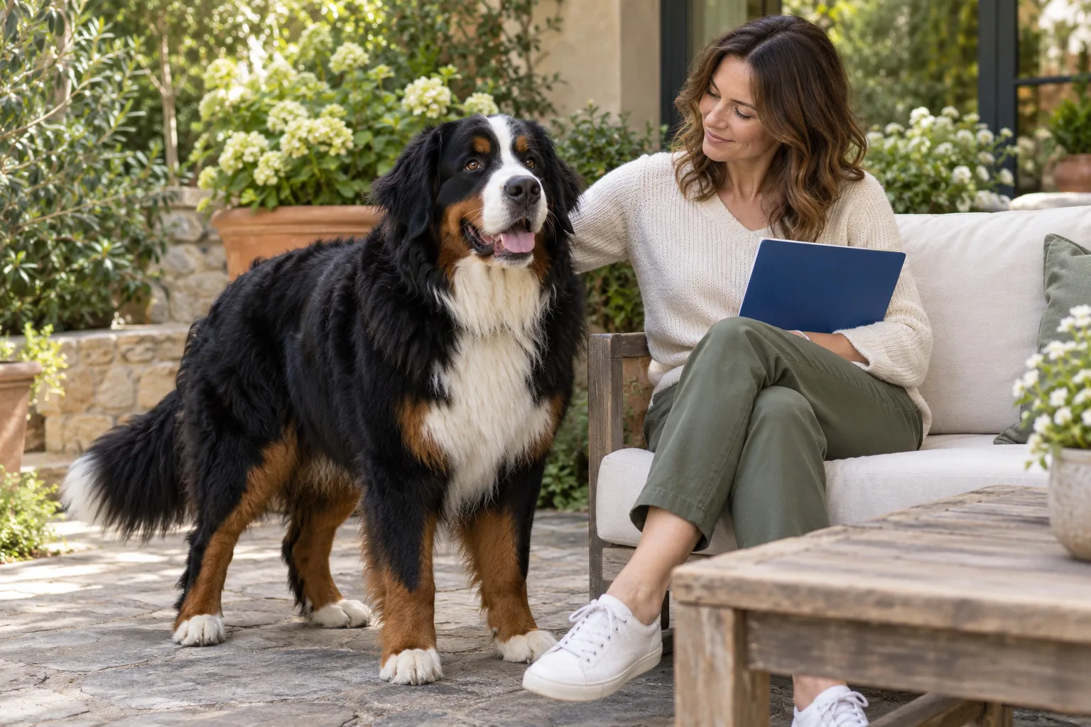 Bernese Mountain Dog standing beside its owner on a garden patio